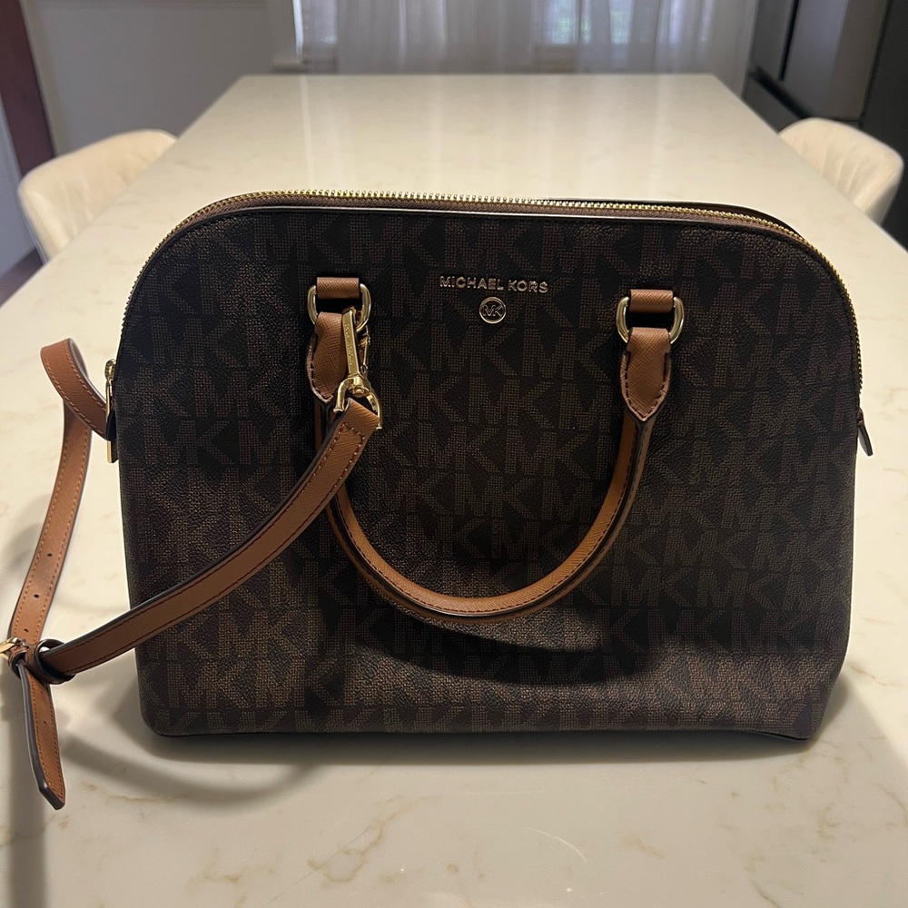 Michael Kors Dark Brown Satchel with Tan Straps